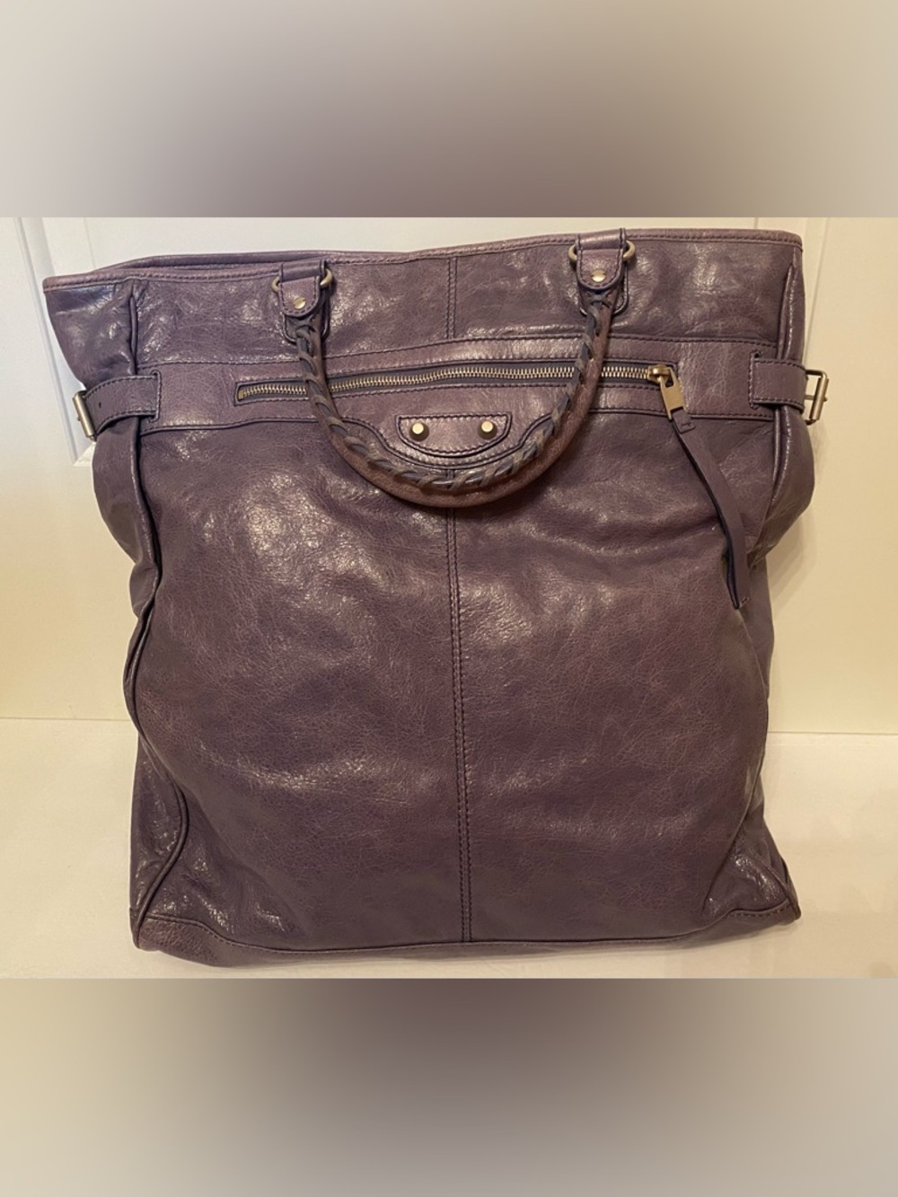 💎BALENCIAGA TOTE BAG PURPLE LEATHER MOTOCROSS HEXAGON CLASSIC ARENA LARGE TRAVEL